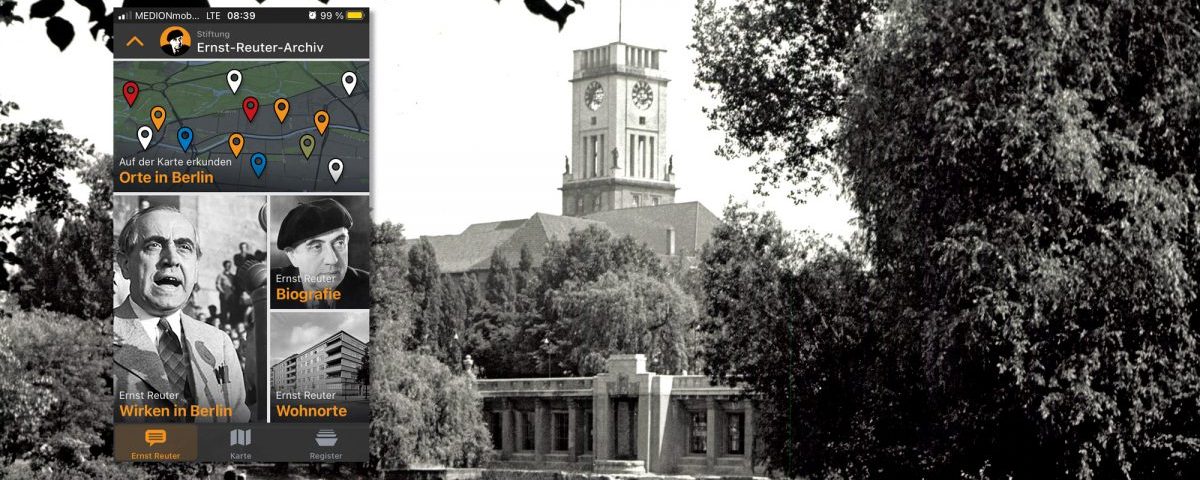 Das Rathaus Schöneberg, 1951; Themenlayer „Ernst Reuter“ in der berlinHistory App.