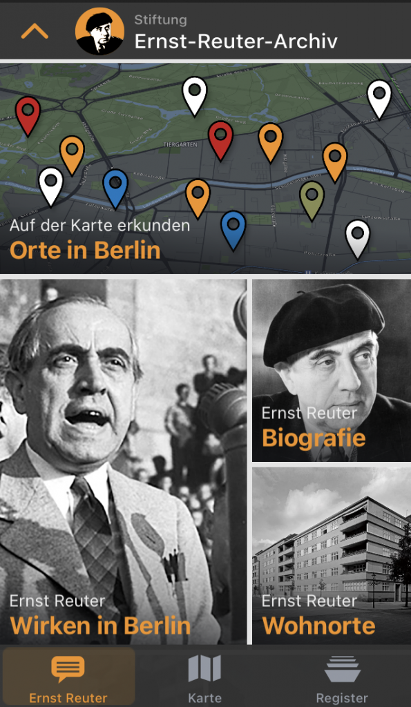 Ansicht des Themenlayers „Ernst Reuter“ in der berlinHistory App.