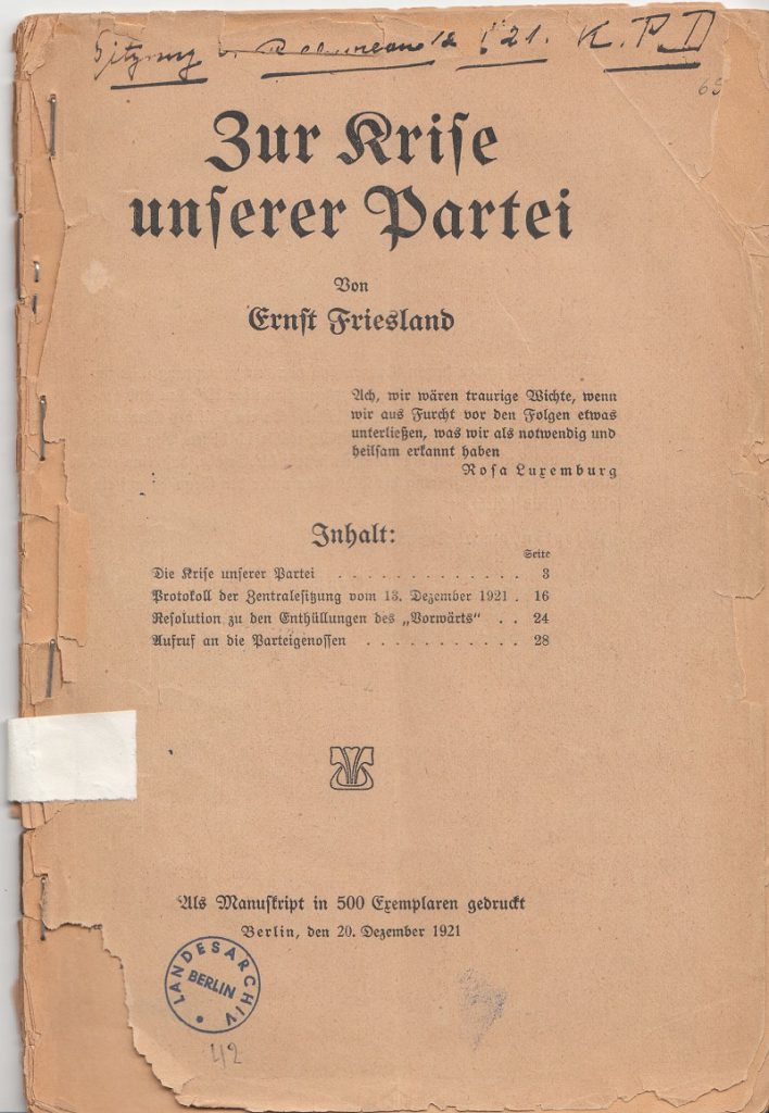 Die Schrift „Zur Krise unserer Partei“, die Reuter 1921 unter seinem Decknamen „Friesland“ verfasste, erschien nur wenige Wochen vor seinem Ausschluss aus der KPD.