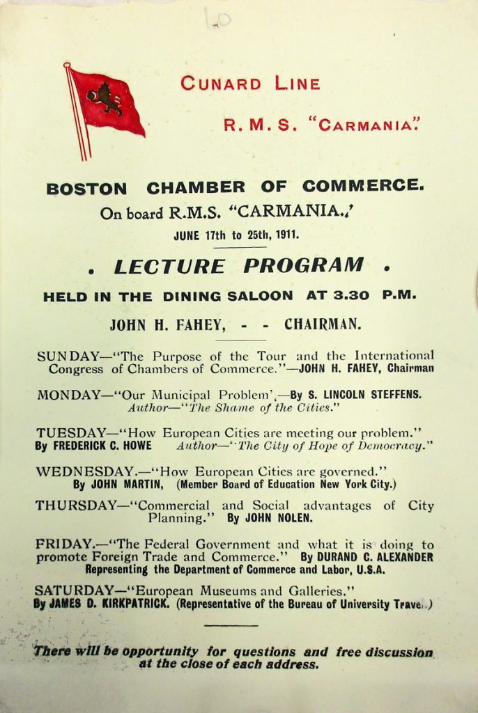 Vortragsprogramm der Bostoner Handelskammer u.a. mit Berichten über europäische Städte, 1911.